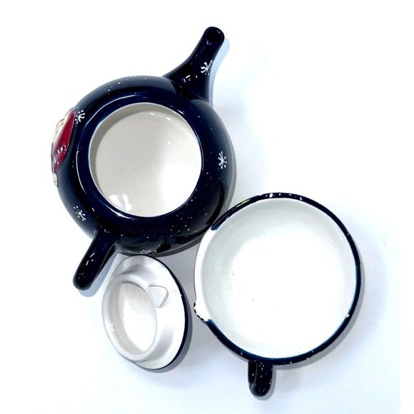 Wongs Ceramic Teapot For One Navy Snowman Snowflakes Pine Trees 3 Pc 20 oz 2006 - Picture 6 of 14